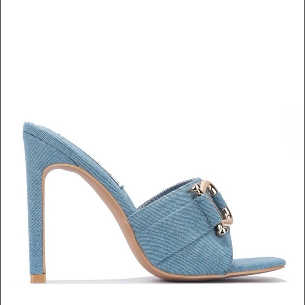 Cape Robbin Light Blue Denim Open-Toe Stiletto Mule with Gold Buckle Accent